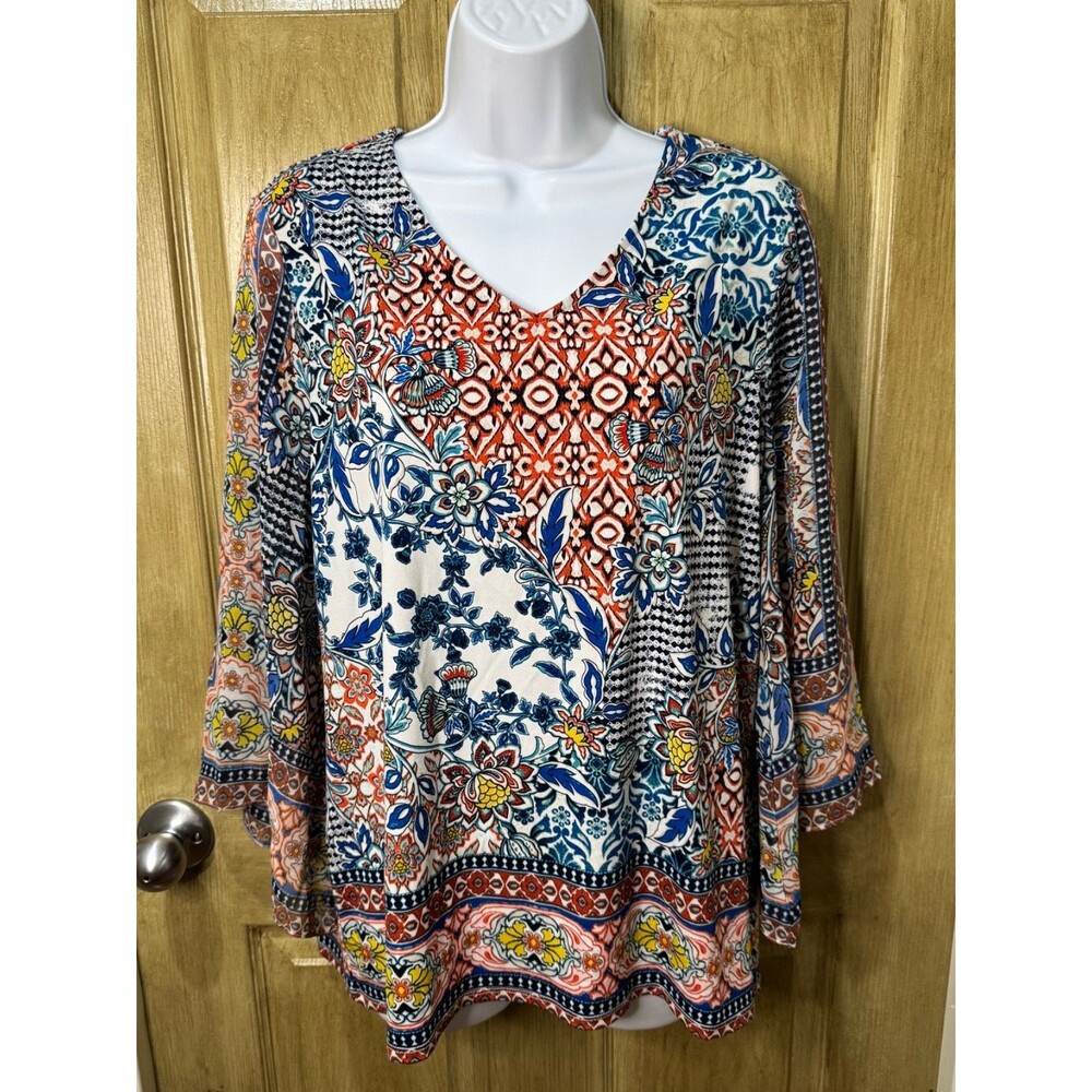 Chico's V-Neck Sheer Bell Sleeve Printed Flowy Boho Blouse Top SZ 1/Med